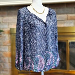 Lucky Brand Women's Long Sleeve Printed Peasant Blouse Small